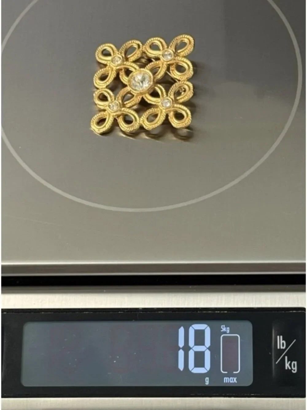 Vintage Gold Tone Filigree Flower Brooch Pin Clear Rhinestones Celtic Knot